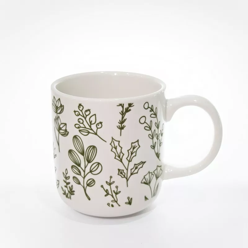 Caneca de grés branco com estampa botânica